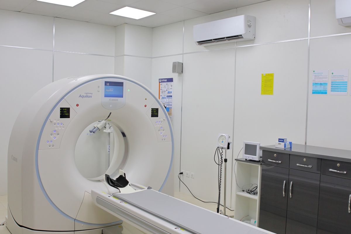 A CT scanner in a hospital imaging room