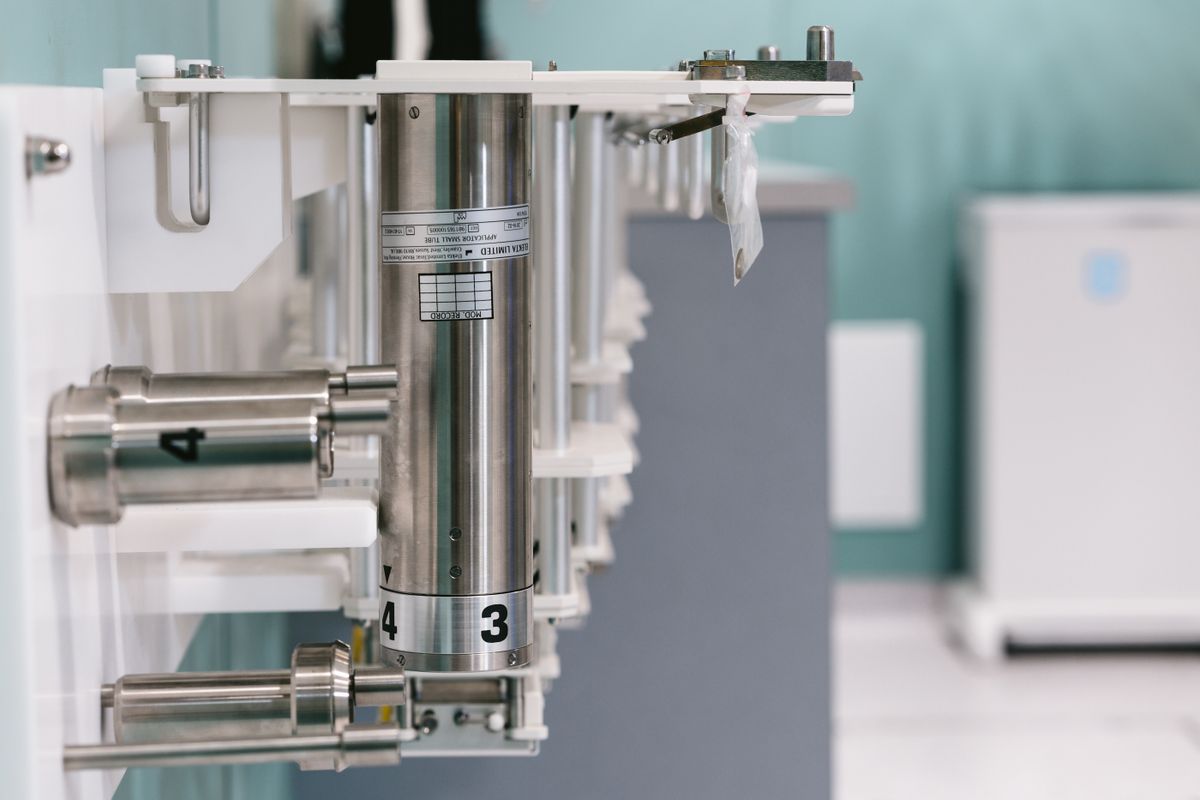 Close-up of metal laboratory apparatus in a research lab